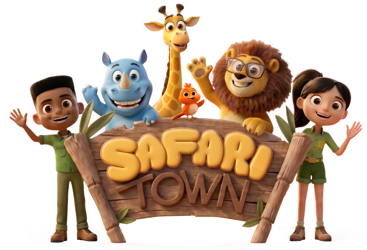 Safari Town key art featuring Gi-Gi the Giraffe, Stanley the Lion, Barry the Rhino, and friends