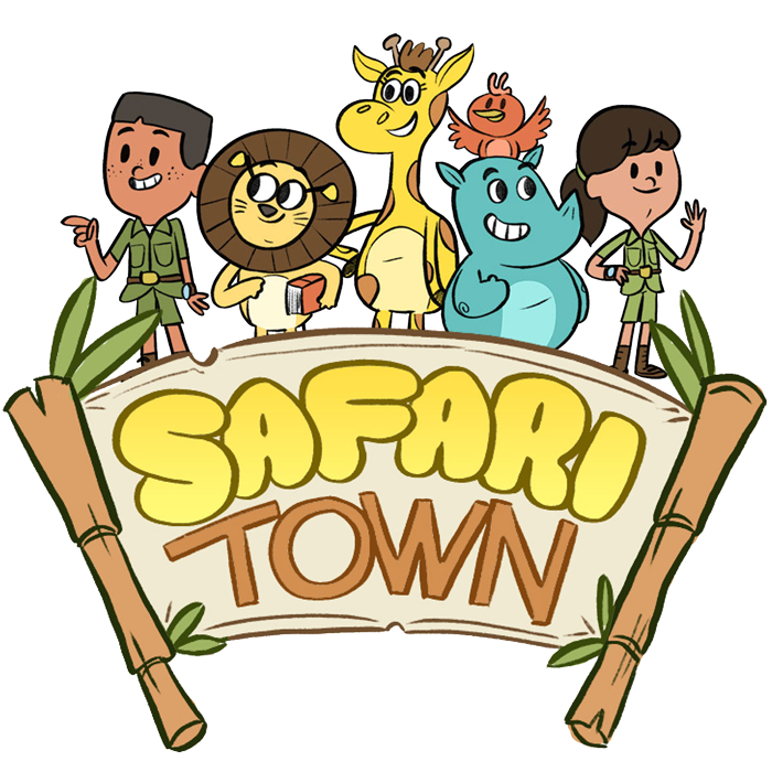 Safari Town key art featuring Gi-Gi the Giraffe, Stanley the Lion, Barry the Rhino, and friends